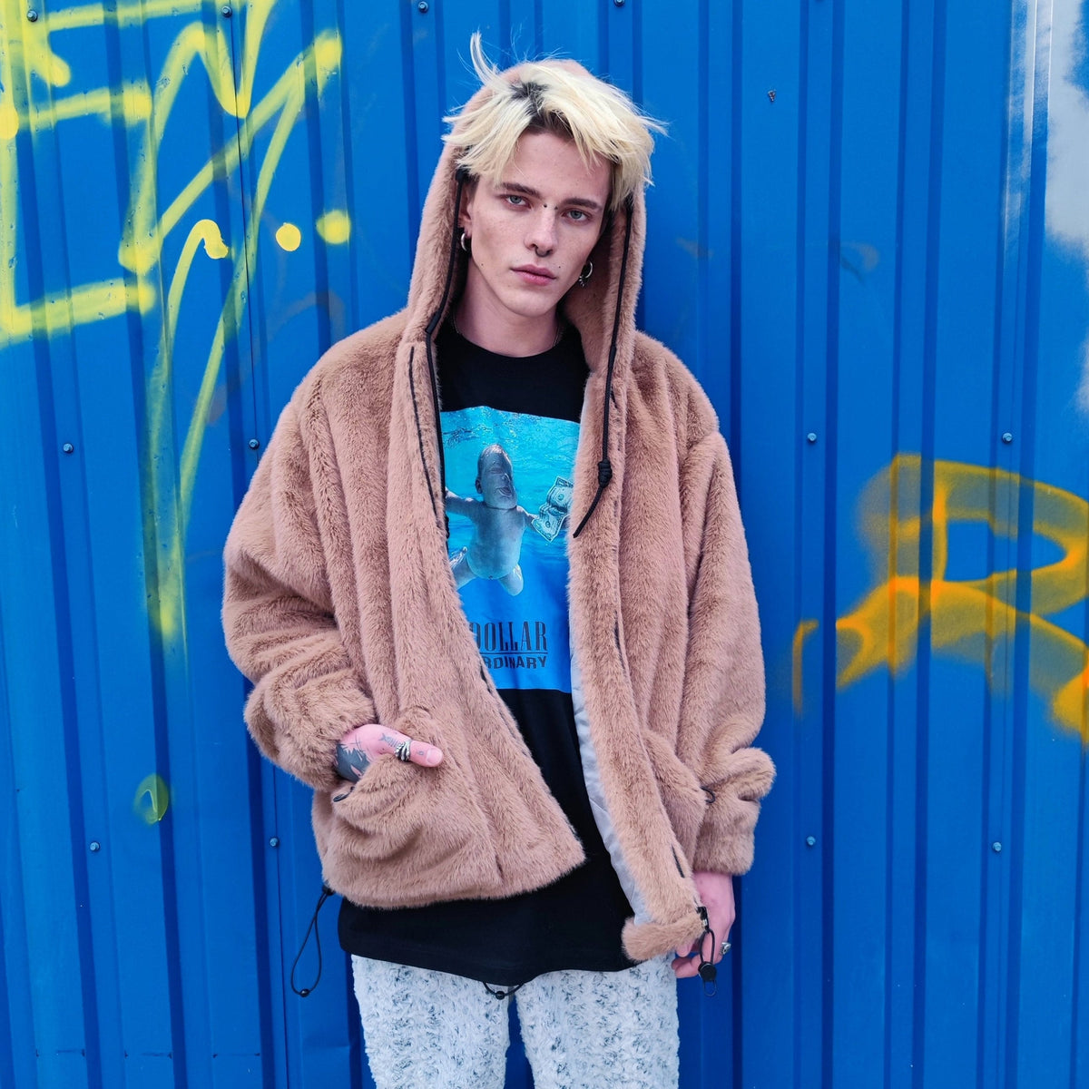 Brown faux fur jacket handmade detachable fluffy bomber fluorescent long hair premium outdoor coat in coffee brown