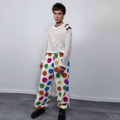 Festival fleece joggers luminous emoji pants handmade fluorescent faux fur raver trousers premium party overalls in rainbow smiley pattern