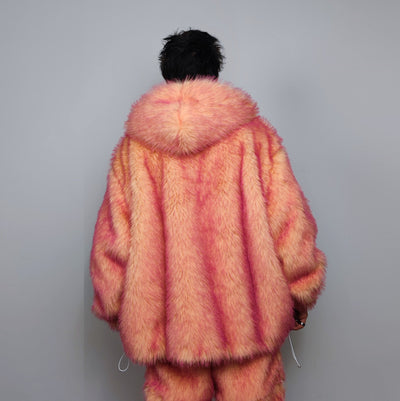 Festival faux fur jacket handmade premium fleece jacket fluffy hooded dual color luxury coat grunge bomber tie-dye puffer in neon orange