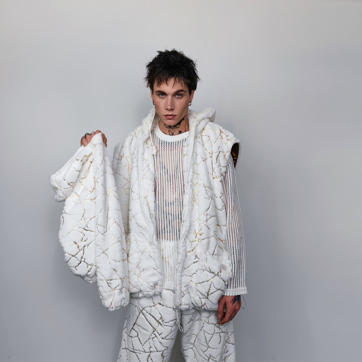 Golden faux fur jacket handmade detachable fluffy rave bomber metallic pattern fleece premium luminous top party coat in white and gold