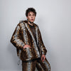 Leopard print jacket handmade detachable fluffy animal print bomber cheetah pattern fleece premium hooded party coat in tie-dye brown