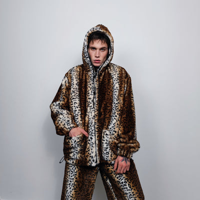 Leopard print jacket handmade detachable fluffy animal print bomber cheetah pattern fleece premium hooded party coat in tie-dye brown