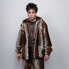 Leopard print jacket handmade detachable fluffy animal print bomber cheetah pattern fleece premium hooded party coat in tie-dye brown