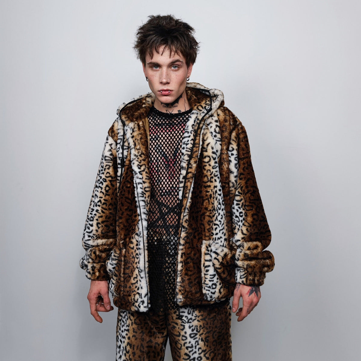 Leopard print jacket handmade detachable fluffy animal print bomber cheetah pattern fleece premium hooded party coat in tie-dye brown