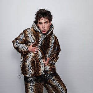 Leopard print jacket handmade detachable fluffy animal print bomber cheetah pattern fleece premium hooded party coat in tie-dye brown