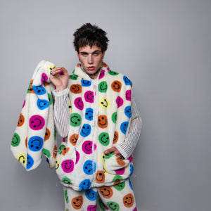 Festival fleece jacket handmade detachable fluffy rave bomber emoji print faux fur premium smiley top party coat in rainbow pattern