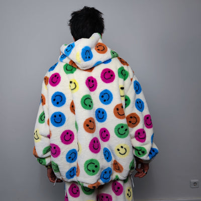 Festival fleece jacket handmade detachable fluffy rave bomber emoji print faux fur premium smiley top party coat in rainbow pattern