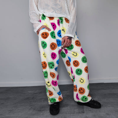 Festival fleece joggers luminous emoji pants handmade fluorescent faux fur raver trousers premium party overalls in rainbow smiley pattern