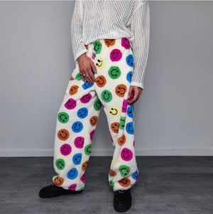 Festival fleece joggers luminous emoji pants handmade fluorescent faux fur raver trousers premium party overalls in rainbow smiley pattern