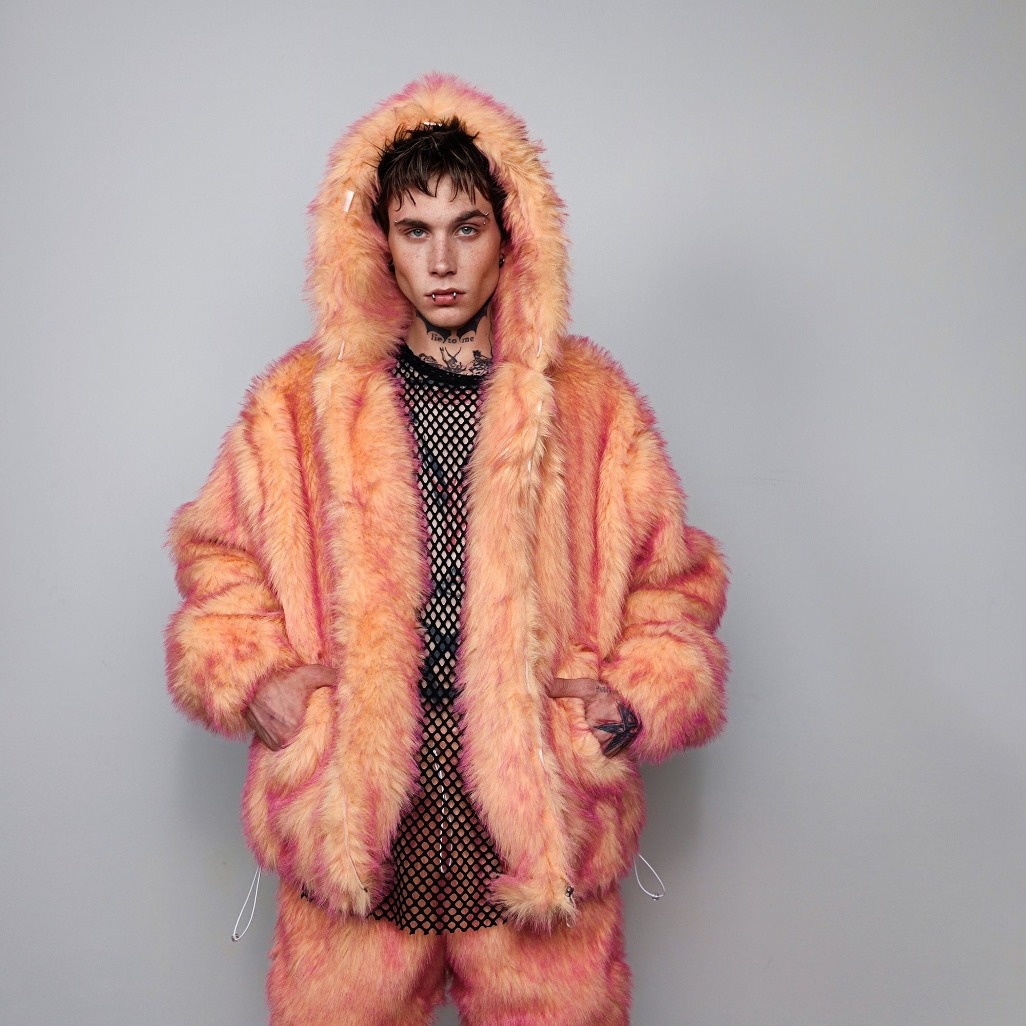 Festival faux fur jacket handmade premium fleece jacket fluffy hooded dual color luxury coat grunge bomber tie-dye puffer in neon orange