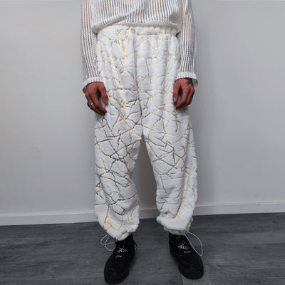 Golden faux fur joggers metallic pants handmade luminous fleece raver trousers premium party overalls in white and gold