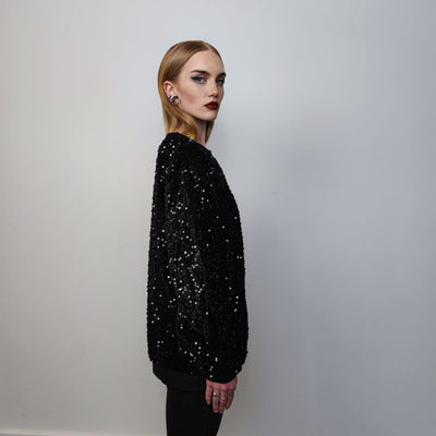 Sequin sweatshirt glitter top sparkle jumper party pullover glam rock long sleeve top embellished sweater in black silver