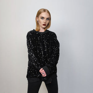 Sequin sweatshirt glitter top sparkle jumper party pullover glam rock long sleeve top embellished sweater in black silver