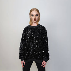 Sequin sweatshirt glitter top sparkle jumper party pullover glam rock long sleeve top embellished sweater in black silver