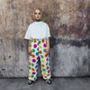 Festival fleece joggers luminous emoji pants handmade fluorescent faux fur raver trousers premium party overalls in rainbow smiley pattern