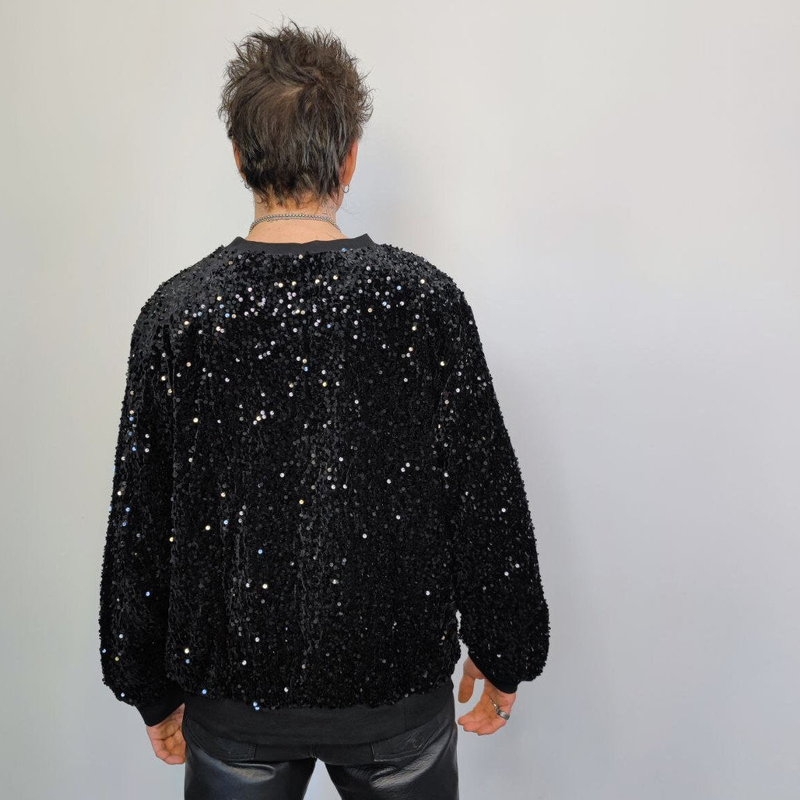 Sequin sweatshirt glitter top sparkle jumper party pullover glam rock long sleeve top embellished sweater in black silver