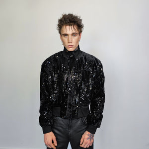 Sequin bomber jacket embellished varsity jacket gloss glitter party bomber high fashion cropped blazer beaded shiny coat in black