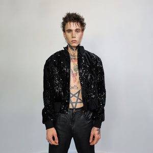 Sequin bomber jacket embellished varsity jacket gloss glitter party bomber high fashion cropped blazer beaded shiny coat in black