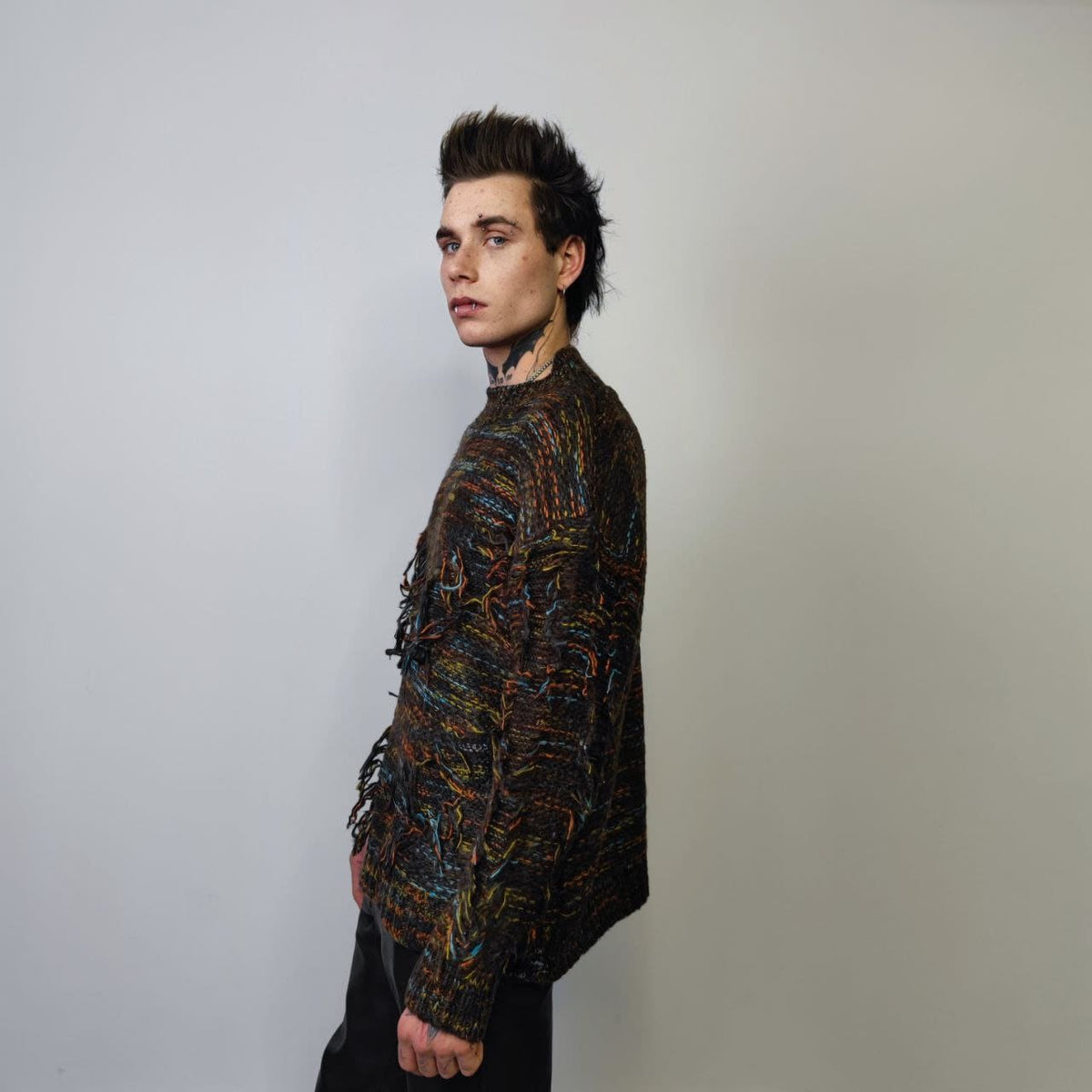 Fluffy sweater shredded jumper distressed knitwear top grunge sweatshirt knitted boho retro sweat in brown