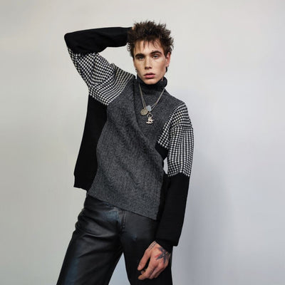 Grunge turtleneck hound-tooth sweater contrast stitching edgy jumper oversize knitted top raised neck sweat cable knitwear pullover in grey