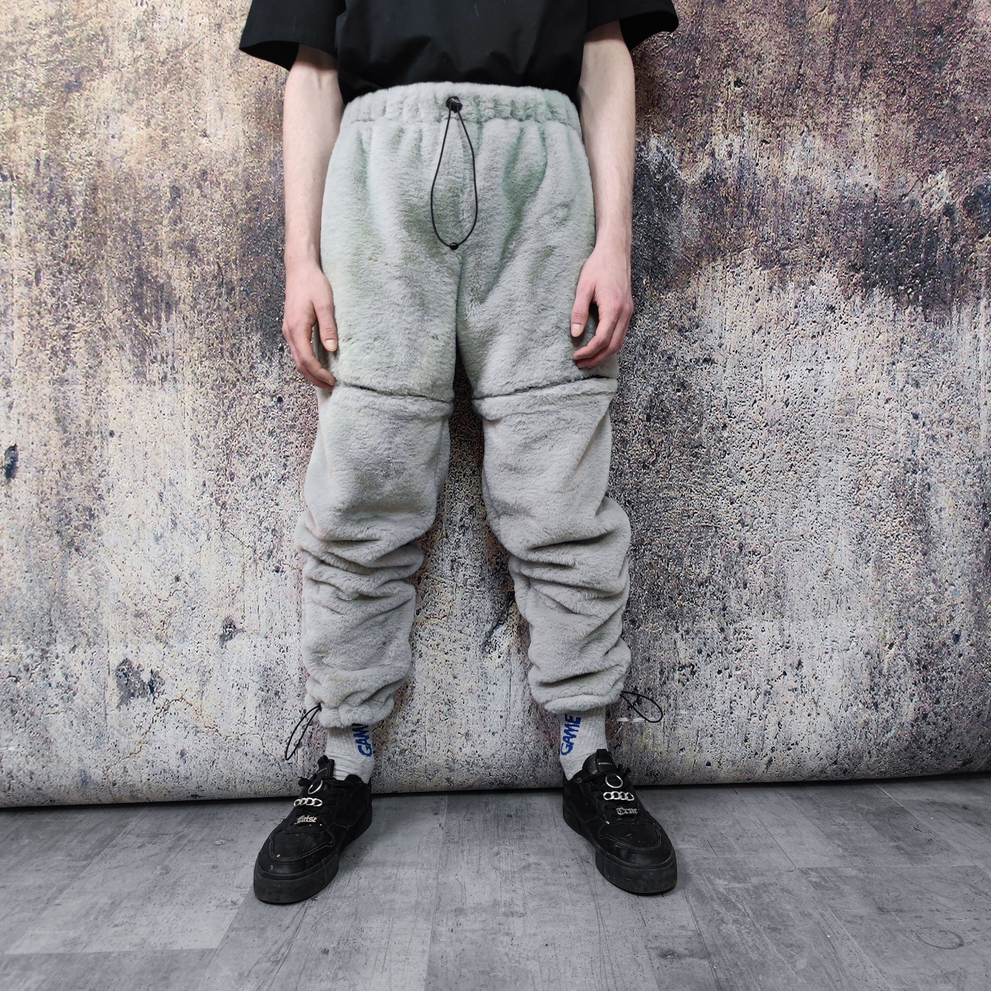 Grey soft fleece joggers luminous detachable pants handmade shiny faux fur raver shorts premium festival overalls in electric light gray