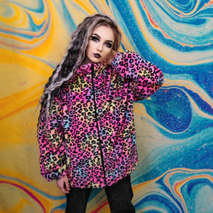 Leopard fleece jacket fluffy rainbow track jacket faux fur animal print bomber festival jacket  rainbow coat pride jacket in pink purple