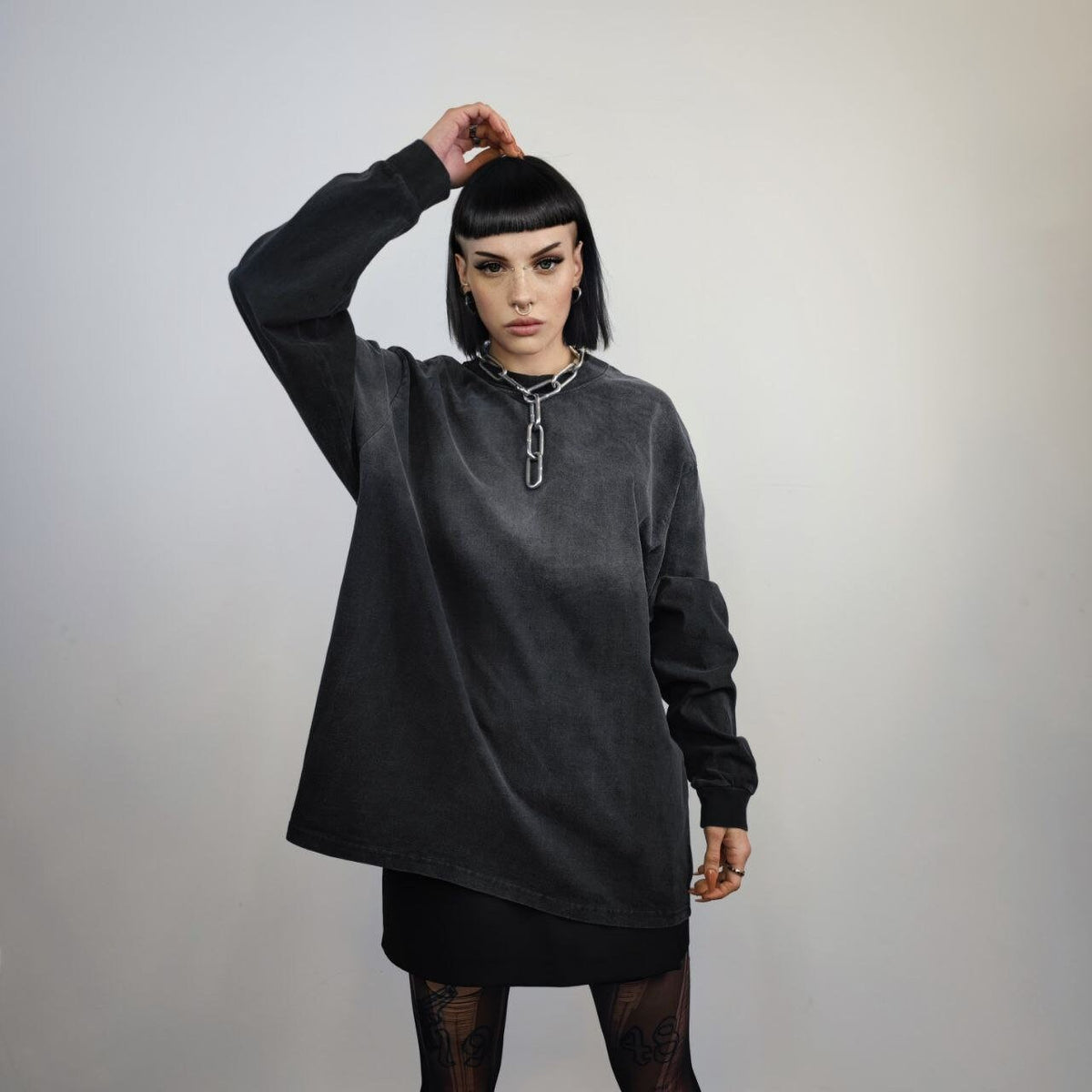 Tie-dye sweatshirt vintage wash top thin gradient long sleeve tee premium quality acid wash punk t-shirt in black and grey