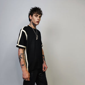 Spliced top side cut embroidered t-shirt catwalk grunge tee rocker top edgy punk baggy tee in black