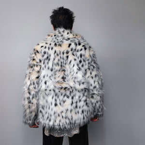 Cropped faux fur jacket fluffy spot print bomber festival leopard varsity aviator fleece coat high fashion cheetah pattern coat in off white