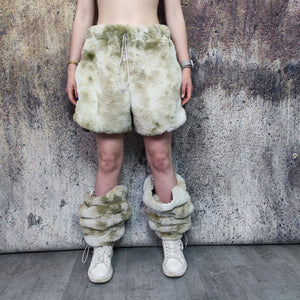 Soft fleece joggers tie-dye detachable faux fur pants handmade gradient fluffy raver shorts premium festival 2 in 1 overalls in cream brown