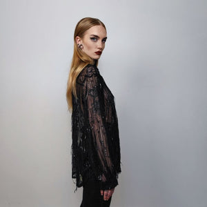 Transparent mesh shirt long sleeve tassels sheer blouse grunge catwalk jumper party see-through top curved button up festival top in black