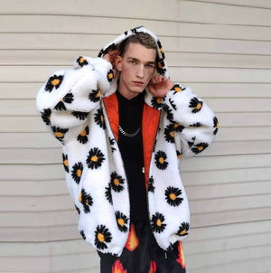 Floral fleece jacket daisy print bomber handmade sunflower coat flower print puffer premium grunge hooded raver jacket in white