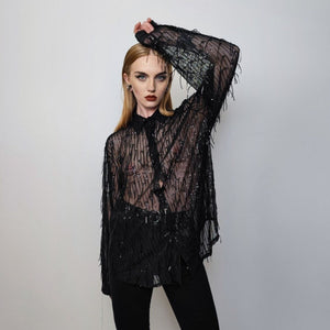 Transparent mesh shirt long sleeve tassels sheer blouse grunge catwalk jumper party see-through top curved button up festival top in black