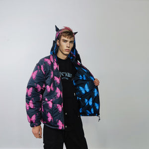 Butterfly bomber handmade reversible graffiti puffer devil horn jacket detachable festival coat two sided hooded neon jacket in pink blue