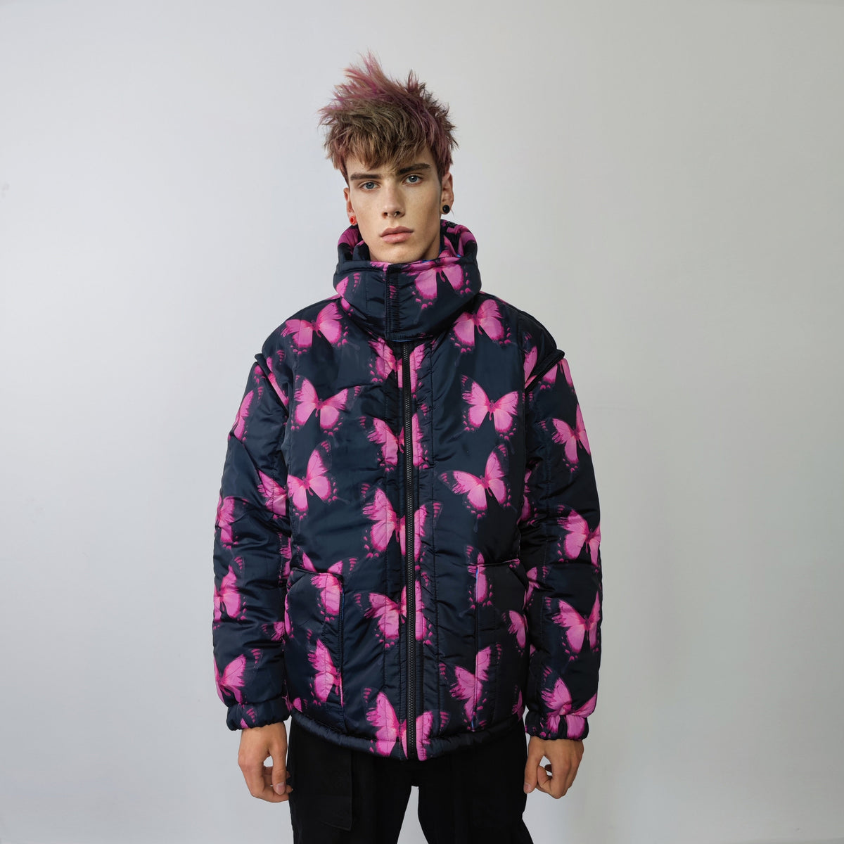 Butterfly bomber handmade reversible graffiti puffer devil horn jacket detachable festival coat two sided hooded neon jacket in pink blue