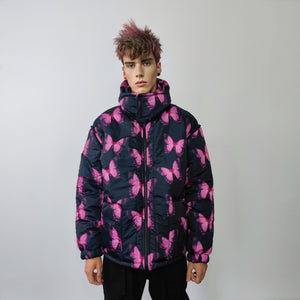 Butterfly bomber handmade reversible graffiti puffer devil horn jacket detachable festival coat two sided hooded neon jacket in pink blue