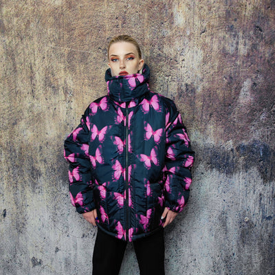 Butterfly bomber handmade reversible graffiti puffer devil horn jacket detachable festival coat two sided hooded neon jacket in blue pink