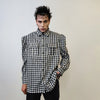 Padded check shirt long sleeve plaid punk top grunge blouse catwalk jumper gingham party top high fashion shirt in black white