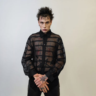 Baggy mesh shirt long sleeve transparent blouse see-through oversize gothic top sheer sweatshirt crotchet jumper in black