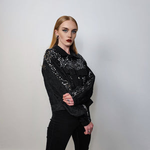 Sequin jacket patchwork party blazer embellished bomber grunge sparkly aviator catwalk coat premium going out varsity glam rock coat silver