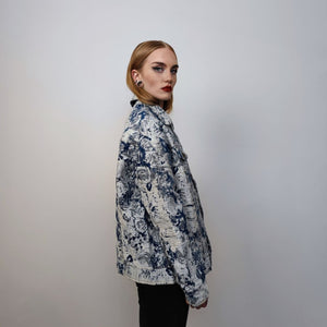 Floral denim jacket embroidered jean bomber retro pattern grunge coat in preppy flower coat in blue