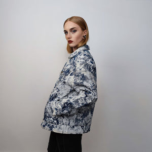 Floral denim jacket embroidered jean bomber retro pattern grunge coat in preppy flower coat in blue