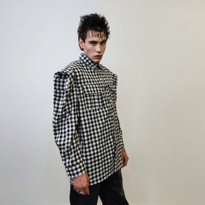 Padded check shirt long sleeve plaid punk top grunge blouse catwalk jumper gingham party top high fashion shirt in black white