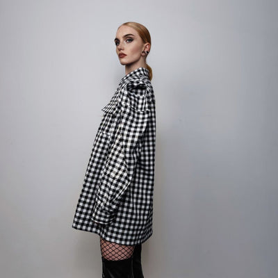 Padded check shirt long sleeve plaid punk top grunge blouse catwalk jumper gingham party top high fashion shirt in black white