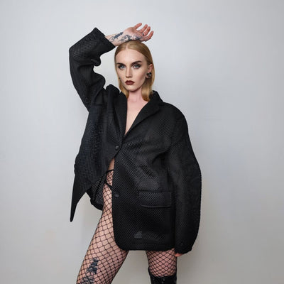 Transparent blazer structured mesh jacket sheer bomber utility catwalk coat see-through gorpcore jacket sexy varsity in black