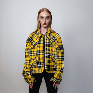 Punk tartan jacket plaid print grunge bomber catwalk gingham varsity jacket rocker bomber metalcore coat premium clueless blazer in yellow