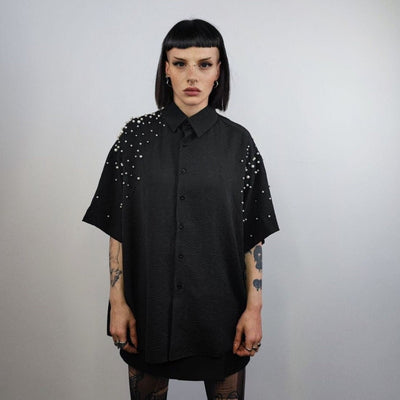 Faux pearl embellished  shirt short baggy sleeves catwalk blouse high fashion grunge jumper fancy dress party top in black