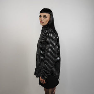 Metallic glitter shirt long sleeve striped blouse grunge catwalk jumper shiny silver party top curved button up festival top in black