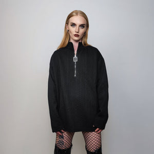 Going out turtleneck zip up Gothic jumper raised neck textured sweater punk top party pullover cable pattern tee in black