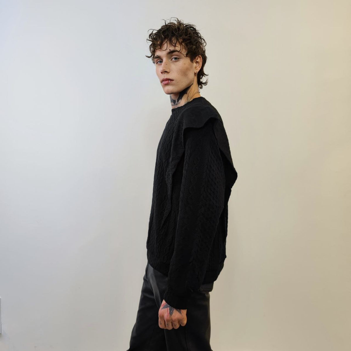 Cable pattern sweatshirt shoulder padded top long sleeve kimono jumper going out sweater party pullover  gothic t-shirt in black